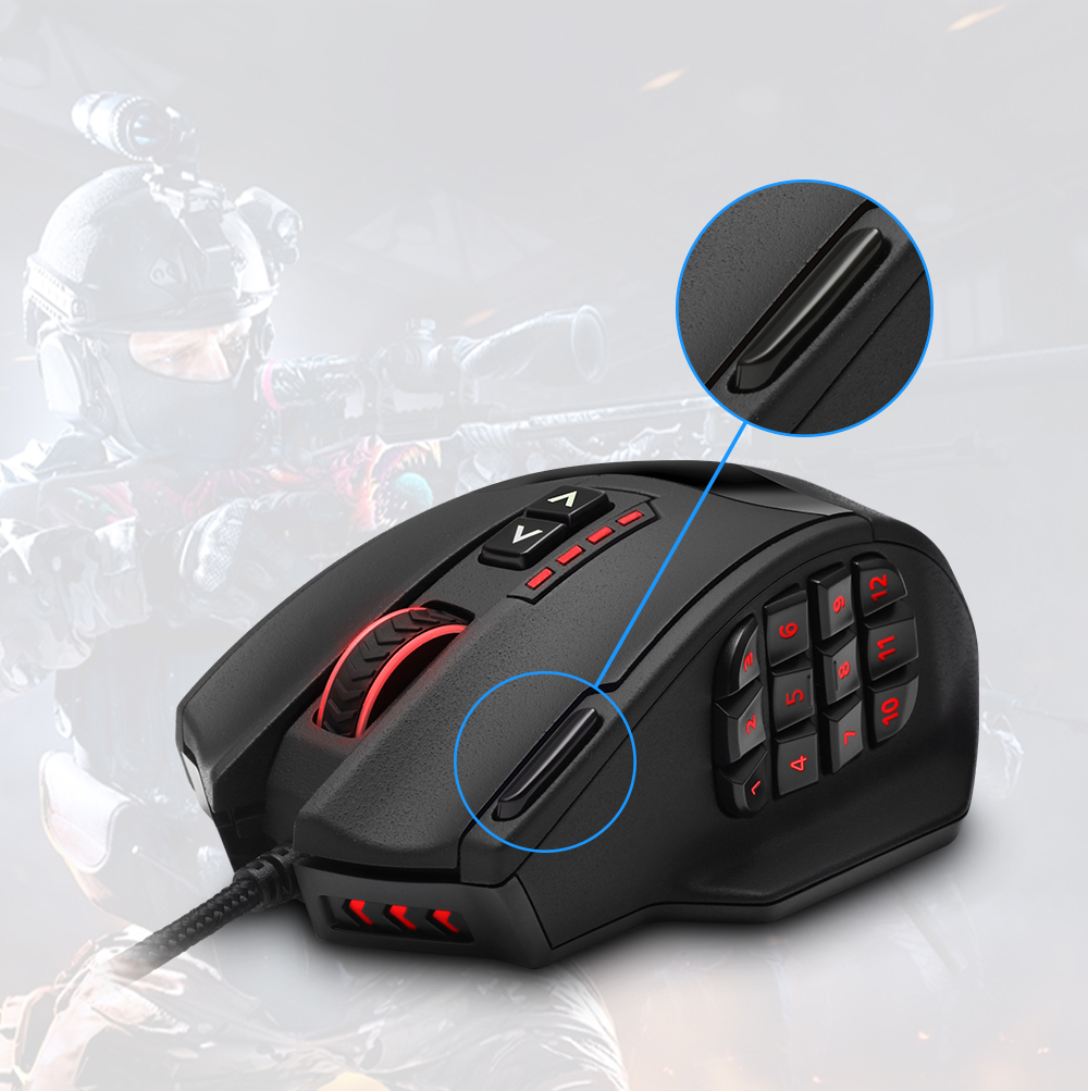 Rocketek Mouse Gaming Macro MMORPG 19 Buttons 16400 DPI - Black